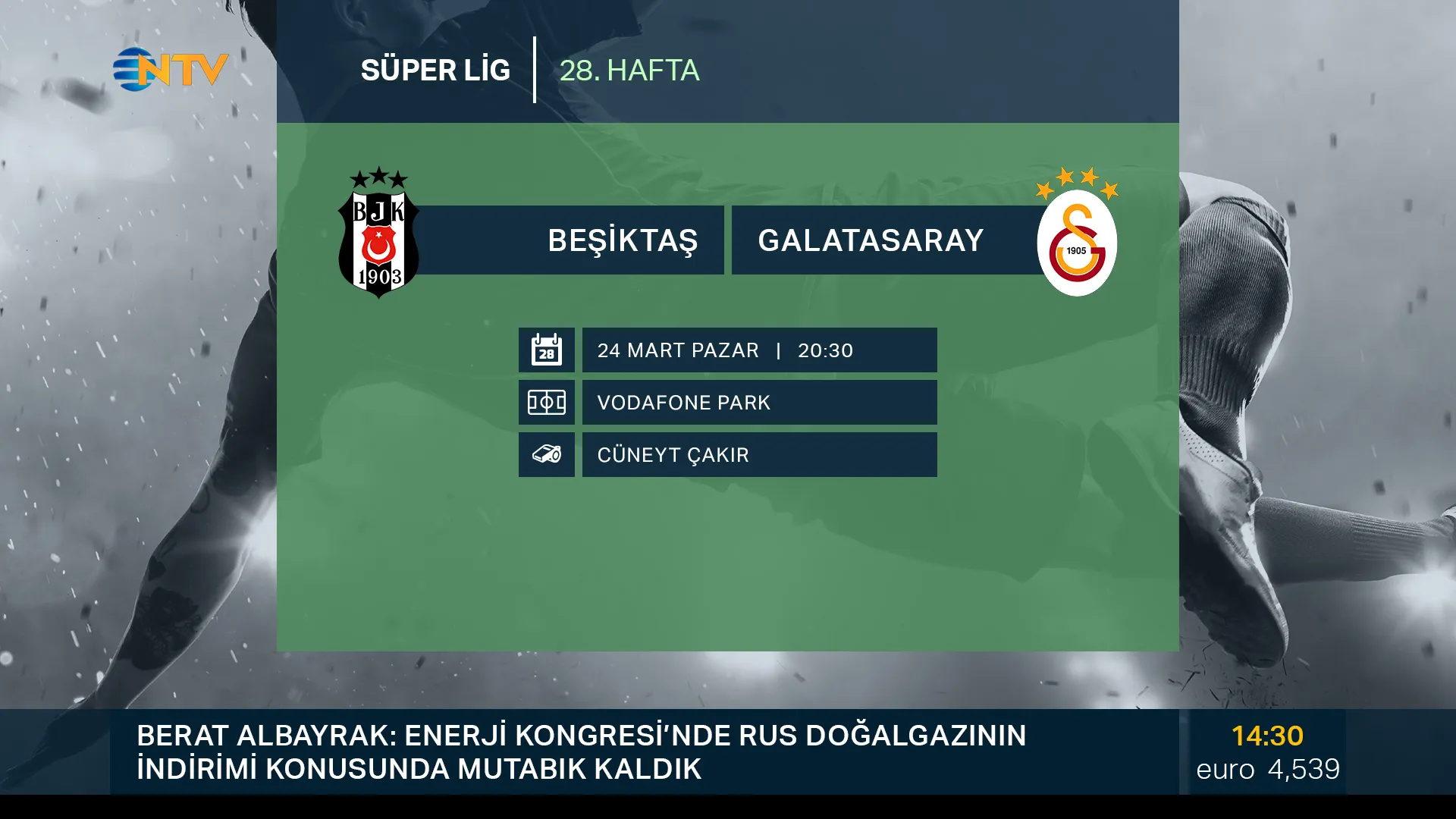 A scoreboard in sports broadcast graphics that displays the scheduled day, time, stadium, and referee for the upcoming soccer club matches.