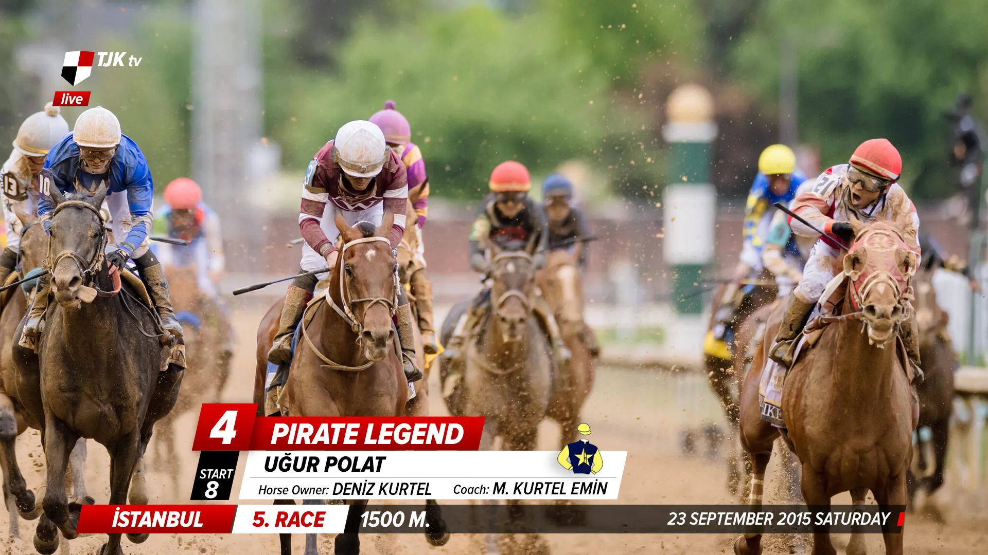 The required screen graphic layout for horse racing broadcasting on a sports channel includes lower thirds, channel logo, and other relevant race-related graphics.