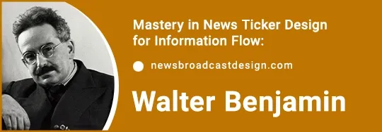 Portrait of philosopher Walter Benjamin, whose theory of 'aura' influences the discussion on the impact of design philosophy in news tickers.