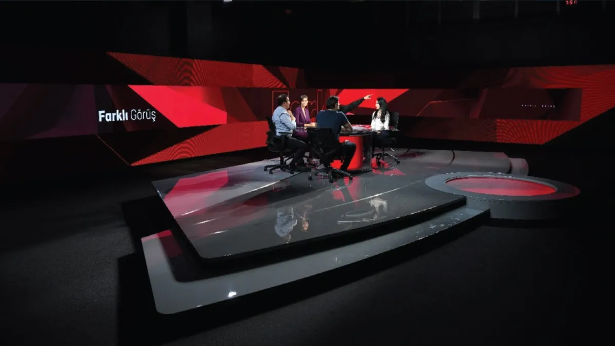 Studio environment used for news presentation: Point of delivering news to viewers. The News Studio incorporates Video Wall Graphic Designs, which consist of multiple screens within the set design. These designs are carefully crafted to ensure compatibility with other graphic elements such as the lower third and opener, creating a cohesive visual experience.